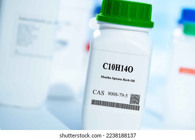 C10H14O mentha spicata herb oil CAS 8008-79-5 chemical substance in white plastic laboratory packaging