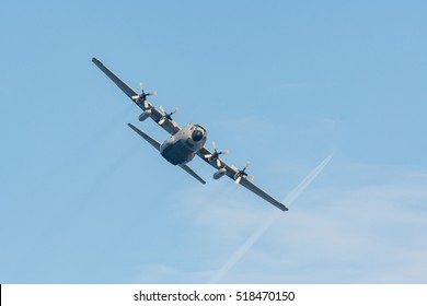 C-130 Hercules cargo plane in flight.