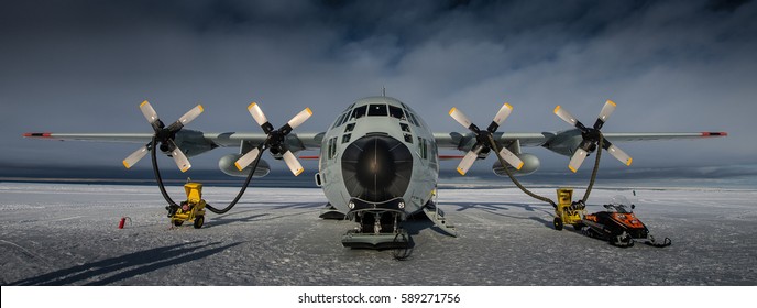 C130 Hercules on Ice Runway in Antarctica