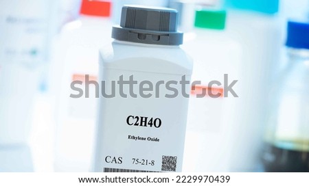 C2H4O ethylene oxide CAS 75-21-8 chemical substance in white plastic laboratory packaging