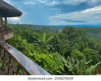 Cabana balcony railing in jungle rainforest tree line with cloudy skies - Powered by Shutterstock