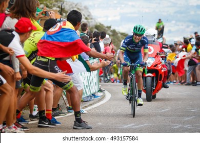 Cabarga, Spain - August 31, 2016: Cyclist Esteban Chaves Climbing Cabarga´s Port During The Tour Of Spain.