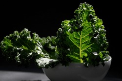 Cabbage. Curly Green Kale. Curly Green Leafy Cabbage On A Dark Background