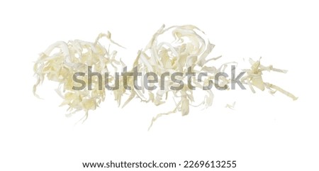Cabbage fly in mid air, green fresh vegetable cabbage cut chop slice food. Organic fresh vegetable with eaten leaf of cabbage falling, close up texture. White background isolated freeze motion