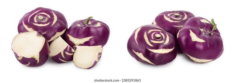 Cabbage kohlrabi and half isolated on white background closeup