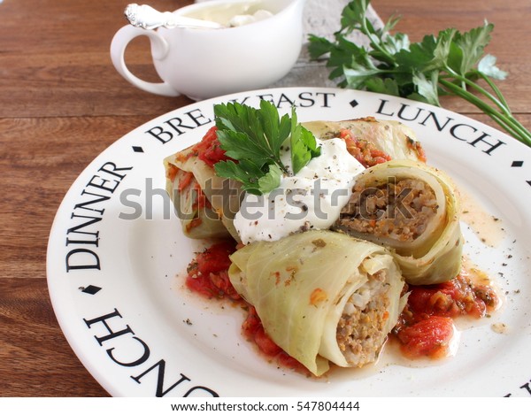 Cabbage Rolls Tomato Sauce Sour Cream Stock Photo (Edit ...