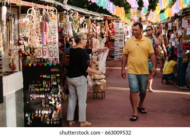 Cabedelo, Paraiba, Brazil - June 19, 2017 - Tourists at the Craft Fair located on Jacare Beach, near Joao Pessoa