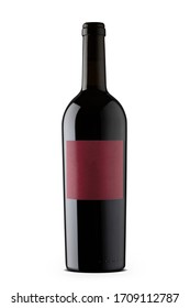 Cabernet Sauvignon Red Wine With Blank Red Label In Black Wine Bottle Isolated On White