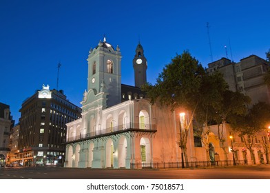 Cabildo building facade at night as seen from Plaza de Mayo
