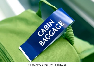 Cabin baggage close-up of tag on green backpack at the airport	