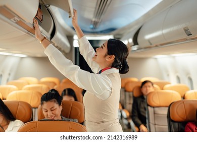 Cabin crew or air hostess working in airplane. Airline transportation and tourism concept. - Shutterstock ID 2142316989