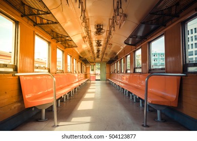 Cabin Of A Public Thai Train Railway With Seat , Process In Vintage Style