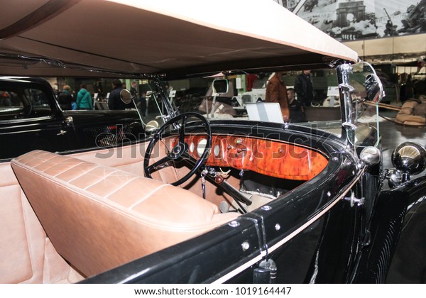 Cabin of the retro Ford car.\
St.\
Petersburg, Russia - 7 May, 2017.\
Automobiles and vehicles of the\
war years presented at the Lenrezerv\
exhibition.