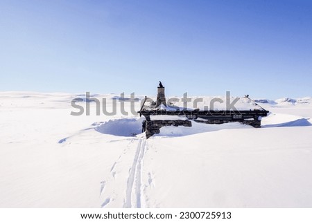 Cabin in a snowy winterlandscape in Norway.