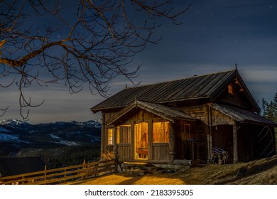 Cabin In The Woods At Night