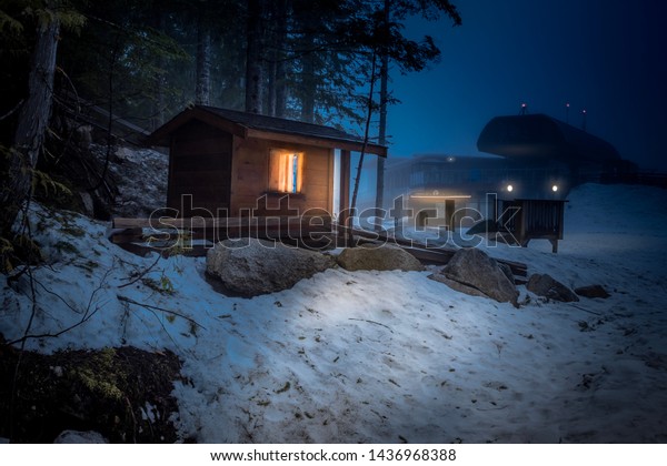 Cabin Woods Snow Around Night Stock Photo Edit Now 1436968388