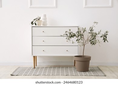 Cabinet with flowerpots and vase near white wall