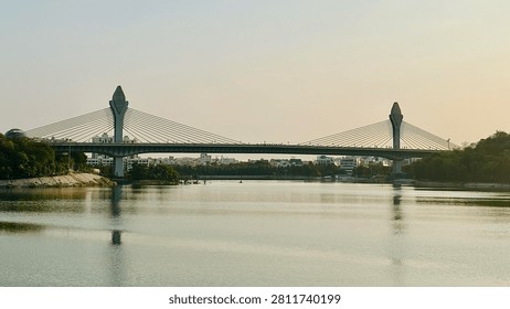 cable bridge view with lake reflections, day time, sunrise view spot