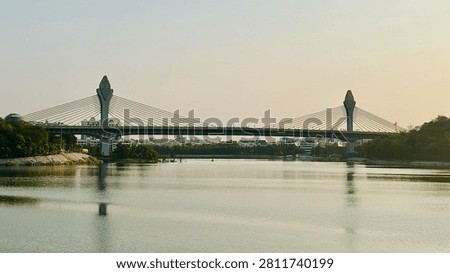 cable bridge view with lake reflections, day time, sunrise view spot