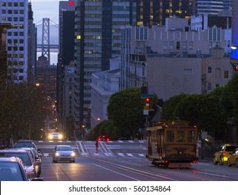 A Cable Car in California Street, Bay Bridge, San Francisco, California, USA