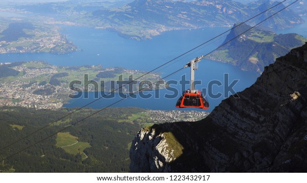 Cable car departing\
Mt Pilatus Switzerland.