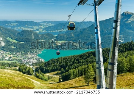 Cable car with cable car gondola on the Zwölferhorn at Lake Wolfgang with Sankt Gilgen in the Salzkammergut with mountain