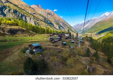 Cable Car To Matterhorn Mountain In Zermatt , Switzerland In A Summer Day