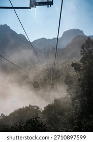 Cable car navigating through mist enshrouded mountains, showcasing natural landscape with greenery.