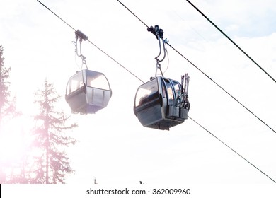 Cable Car Over Mounrain In Switzerland Resort Verbier