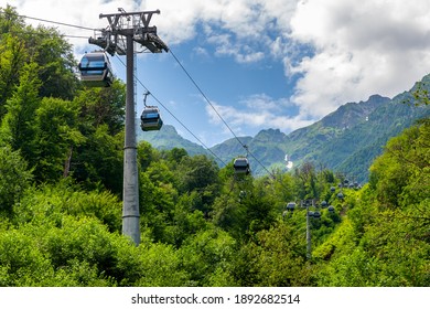 Cable Car Or Cable Railway In Summer Mountains.