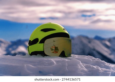 cable car reflected in ski goggles