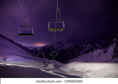 Cable Car Station At The Mountain With Starry Night Sky In Shymbulak Ski Resort In Almaty, Kazakhstan