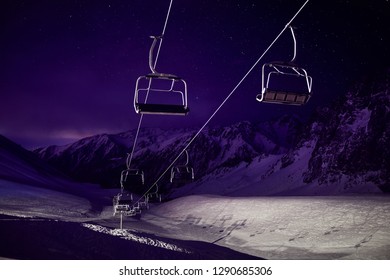 Cable Car Station At The Mountain With Starry Night Sky In Shymbulak Ski Resort In Almaty, Kazakhstan