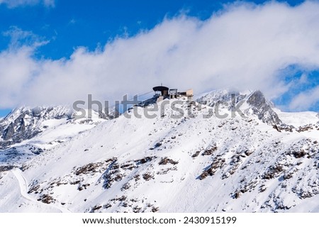 Cable car station on the Hohtälli summit in the mountains of the Zermatt winter sports resort in the Swiss Alps, Canton of Valais, Switzerland