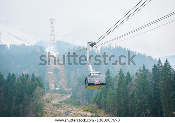 Cable car to top of Germany in\
Winter, Cable car to top of Zugspitze, top of Germany,\
transportation to top mountain of Zugspitze, April 15, 2019,\
Zugspitze, Germany