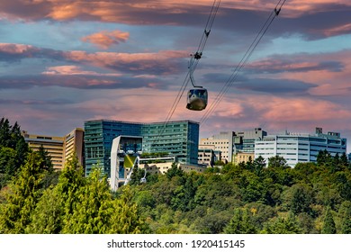 The cable car and tramway that carries patients to a hospital on a hill in south Portland, Oregon.