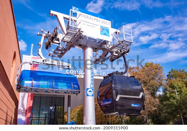 Cable cars of Interalpine which is Trade fair for\
the cable railway industry, winter service appliances and ski area\
management in Congress Innsbruck. Taken in Innsbruck, Austria on\
October 15 2016