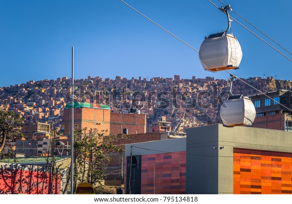 Cable cars in\
a panoramic view of La Paz,\
Bolivia
