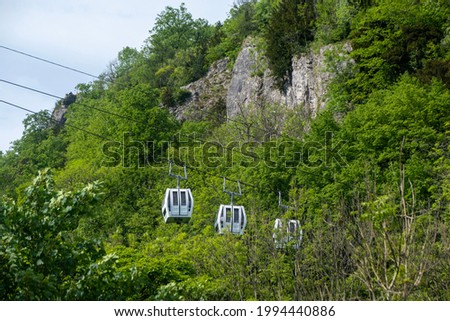 Cable cars travelling over Matlock Bath in Derbyshire, UK