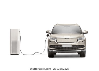 Cable connected with a vehicle for electric charging isolated on white background