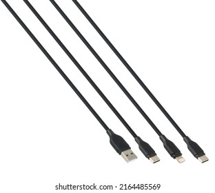 Cable and connector for USB, Type-C, Lightning, white background