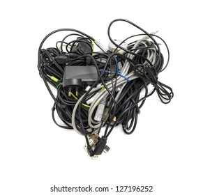 Cable Heart - A Messy Heart-shaped Arrangement Of Assorted Computer And Electronics Cables Isolated On A White Background.