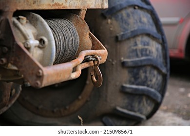 Cable With A Hook Car Winch For Pulling Cars Out Of Off-road Mud