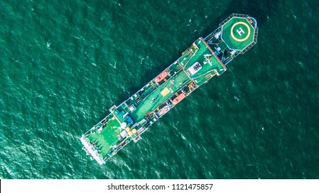 Cable laying ship anchored in Singapore, Aerial top view cable ship.