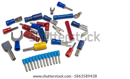 Cable lugs. Connecting electrical cables of different voltages. Connection to an electrical terminal. Electrician. Isolated white background. Copy space.
