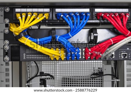 Cable management in data center, a patch panel displays ethernet cables in yellow, blue, red, and gray. The vibrant colors help identify various connections during installation.