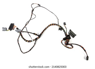 A cable of matted wires of different colors with connectors in the electrical wiring of the car. Internet line in the work of the provider.