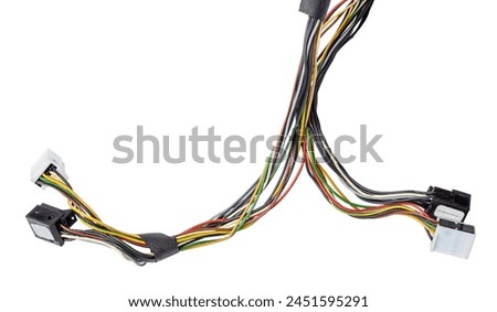 A cable of matted wires of different colors with connectors in the electrical wiring of the car. Internet line in the work of the provider.