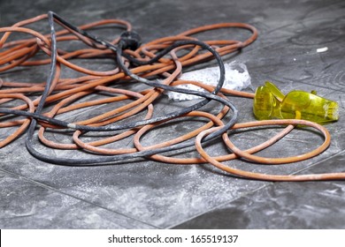 Cable Power Cords In A Tangled Mess On Floor Workplace