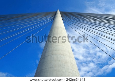 Cable stayed bridge in Belgrade, Serbia. Part of the Ada bridge beautiful sky with cloud background, Selective focus, detail, copy space